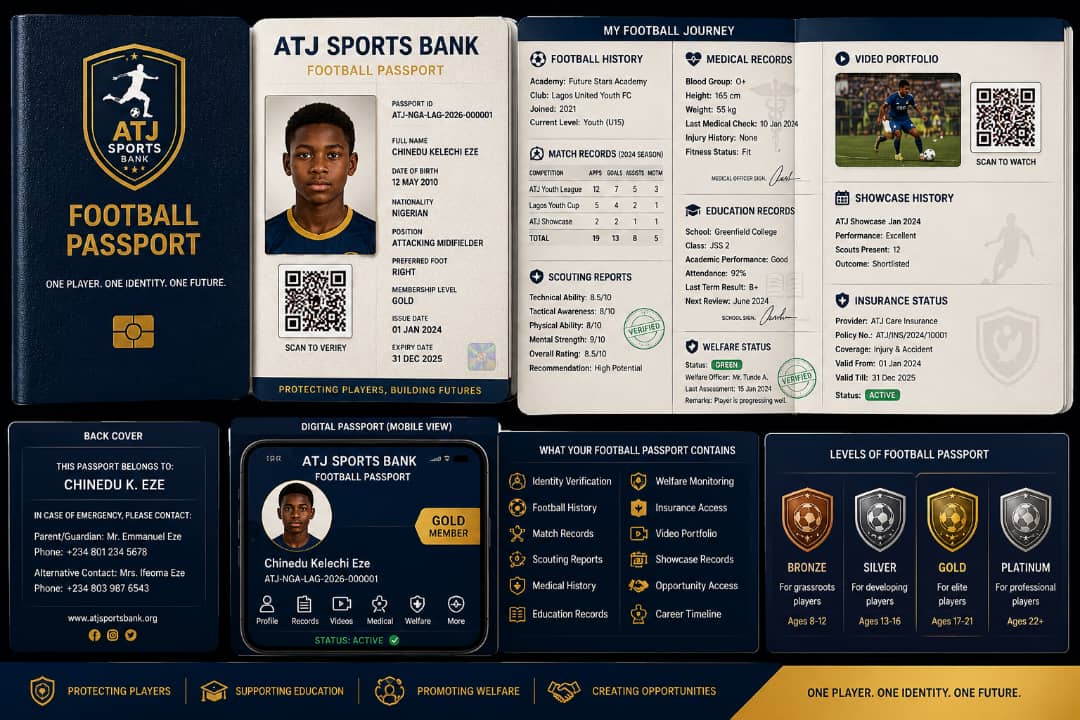 ATJ Sports Bank Football Passport - showing player complete passport with football history, medical records, scouting reports, education records, showcase history, and insurance status